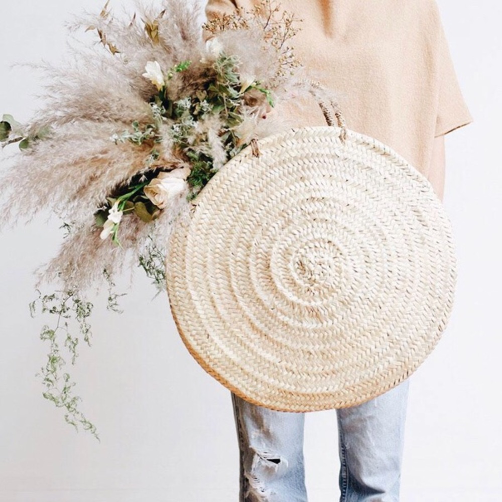 Round Woven Palm and Leaf Basket Bag